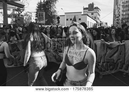 MILAN ITALY - MARCH 8: Secondary school students take part in a march to celebrate the International Women's Day on MARCH 8 2017 in Milan.