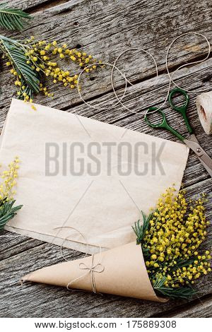 Make bouquet of mimosa. bandages twine and scissors on rustic wooden table, old paper for text. Copy space for text. top view