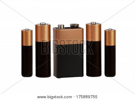 Many different batteries, type AAA, type AA, type PP3, white background, isolated