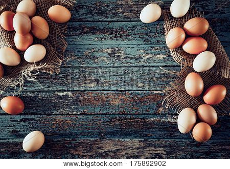 Organic eggs on wood. Fresh eggs. Healhy food