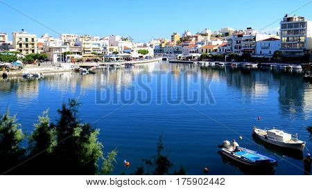 The Agios Nikolaos Marina, otherwise known as the Bottomless Lake, in the heart of Ag Nik on the island of Crete.