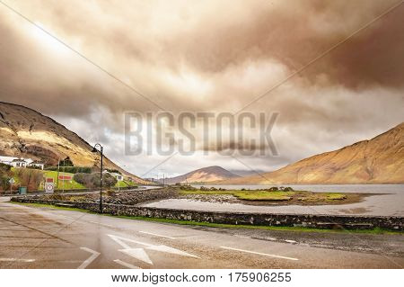 Lanscape with hills and cloudy sky. Clifden Road Letterbrickaun Leenane County Galway Ireland