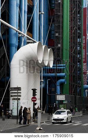 PARIS, FRANCE - FEBRUARY 26, 2010: The Pompidou Centre is a complex building in the Beaubourg area of the 4th arrondissement. It houses the Public Information Library and the museum of Modern art.