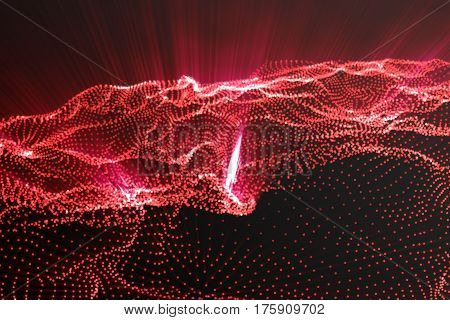 Landscape background. Cyberspace landscape grid. 3d technology. Abstract red landscape on black background with light rays, 3d rendering