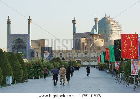 ISFAHAN, IRAN - OCTOBER 11, 2016: Imam Mosque on Meydan-e Imam during Moharram on October 11, 2016 in Isfahan, Iran