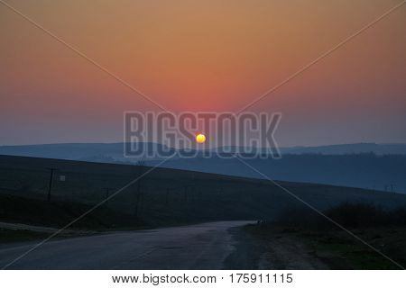 Sunset near the village of Babin Average of Kalush district of Ivano-Frankivsk region of Ukraine. March 2007