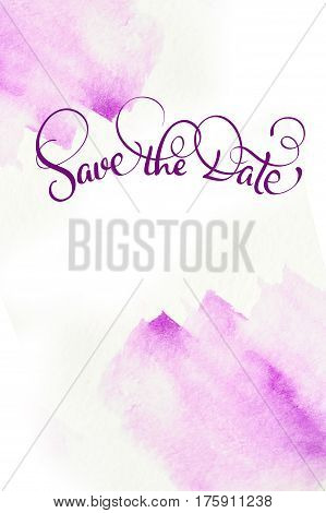 abstract watercolor background as blots on white and text Save the Date. Calligraphy lettering.