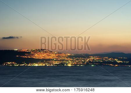 Lake Kinneret On The Sunset And The Lights Of Tiberias