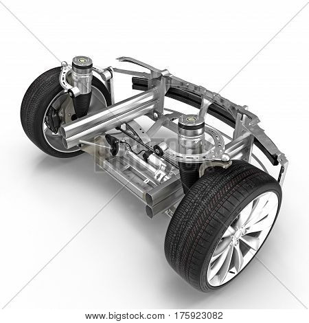 Electric Car Front Axle with new tire isolated on white background. 3D illustration