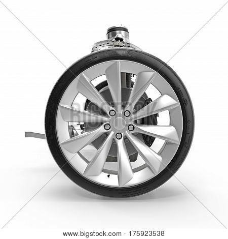 Electric Car Front Axle with new tire isolated on white background. Side view. 3D illustration