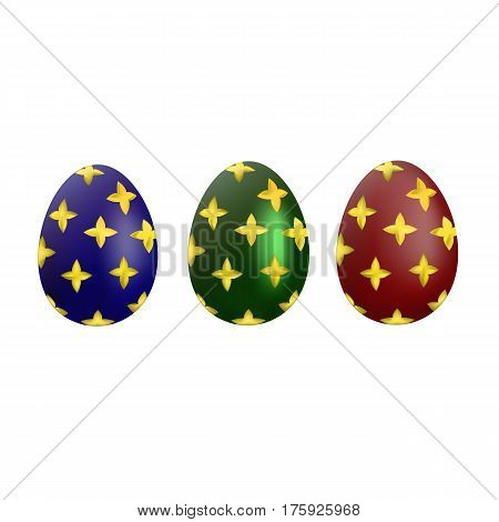 A set of blue, green and red Easter eggs with a gold pattern on a white background