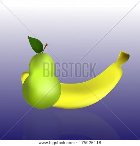 Pear and banana on a blue gradient background with mirror reflection