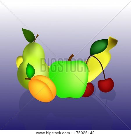 pear, Apple, cherry, banana and apricot on a blue background