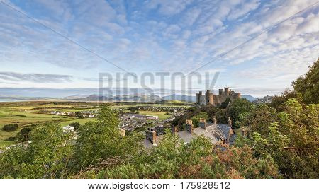 Harlech Wales United Kingdom - September 20 2016: Panoramic view of Harlech Castle in North Wales at sunrise