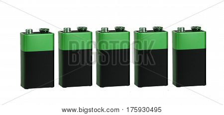 Five batteries of the type PP3 on white background, isolated
