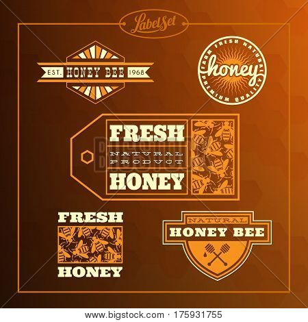 Templates for badges labels tags for honey bee product. Set 8. Vector illustration.