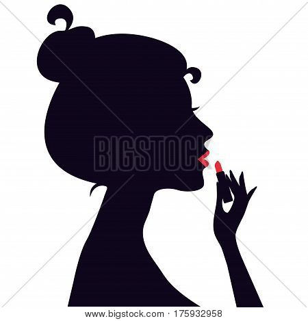 Woman applying lipstick. Vector illustration isolated on white