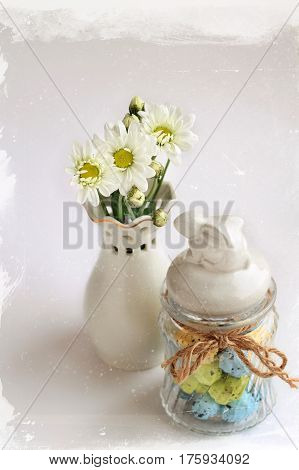 Still life with white flowers Chrysanthemums and beautiful vase.
