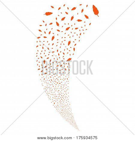 Feather random fireworks stream. Vector illustration style is flat orange iconic symbols on a white background. Object fountain combined from scattered pictographs.