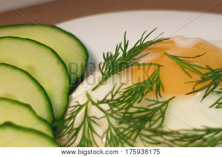 Fried egg serving slices of cucumber closeup