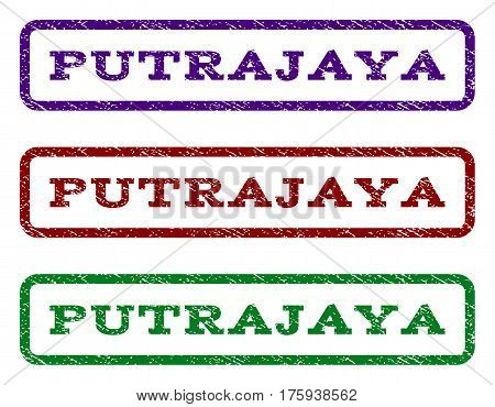Putrajaya watermark stamp. Text tag inside rounded rectangle with grunge design style. Vector variants are indigo blue, red, green ink colors. Rubber seal stamp with dust texture.