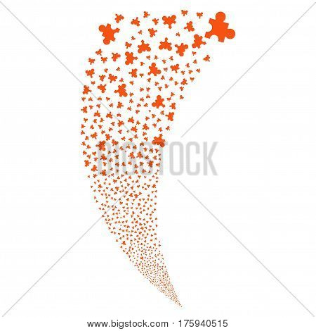 Plugin random fireworks stream. Vector illustration style is flat orange iconic symbols on a white background. Object fountain constructed from scattered icons.