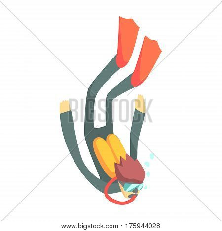 Scuba Diver In Diving Gear Descening, Part Of Teenagers Practicing Extreme Sports For Recreation Set Of Cartoon Characters. Stylized Geometric Illustration With Young Man Doing Extremal Sport For Hobby.