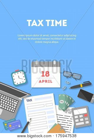 Vertical banner and icon set, flat design on blue background. Payment of tax. State taxes, statistics, calculation of tax return, top view. Objects workplace and devices for web, vector