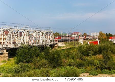Sochi Lazarevskoye Russia - August 08 2016: Two-story train RZD passes through the resort of Lazarevskoe in Sochi Krasnodar Territory of Russia