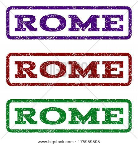 Rome watermark stamp. Text caption inside rounded rectangle frame with grunge design style. Vector variants are indigo blue, red, green ink colors. Rubber seal stamp with dust texture.