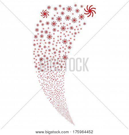 Galaxy random fireworks stream. Vector illustration style is flat red iconic symbols on a white background. Object fountain made from scattered icons.