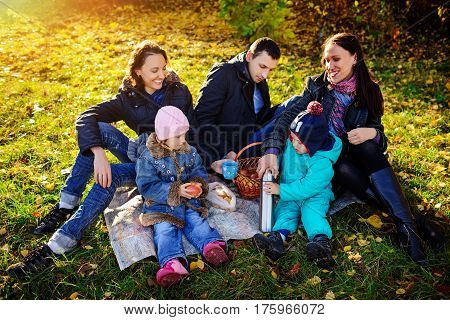 Happy Young Family Of Four Having Picnic At Meadow At Summer Day
