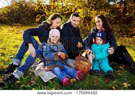 Happy Young Family Of Four Having Picnic At Meadow At Summer Day