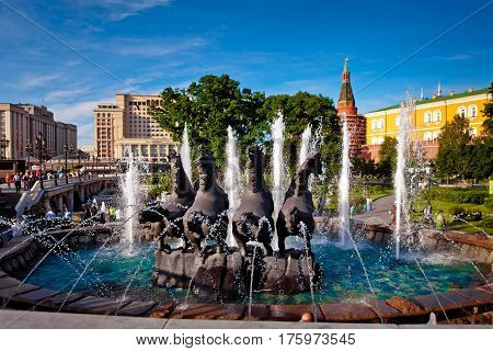 Moscow, Russia - June, 2015: Fountain Four Seasons on Manezh Square in Moscow, Russia