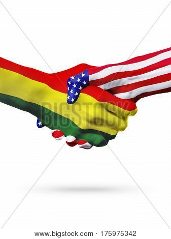Flags Bolivia and United States countries handshake cooperation partnership and friendship or sports competition isolated on white