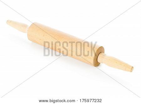 Wooden rolling pin kitchen utensil over white background