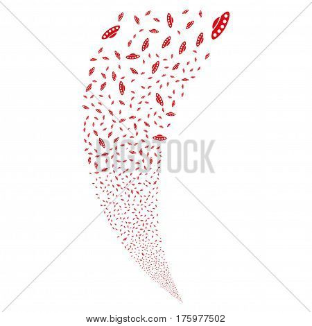UFO random fireworks stream. Vector illustration style is flat red iconic symbols on a white background. Object fountain combined from scattered pictographs.