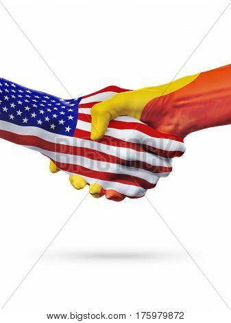Flags United States and Bhutan countries handshake cooperation partnership and friendship or sports competition isolated on white