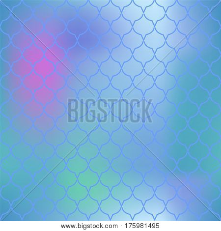 Fantastic fish skin vector pattern. Mermaid or fish scale seamless pattern for marine design. Fishscale pattern square tile. Fish tail ornament with pink blue and green colors. Regular scale pattern