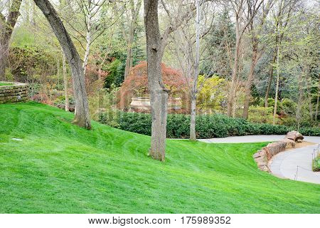 Tree lined pathway with manicured lawn leading to fountain