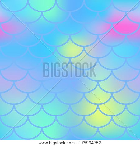 Aqua blue fish skin with scale pattern. Mermaid vector background. Fish scale seamless pattern in blue color. Candy colored mermaid tail backdrop. Marshmallow color mix. Marine seamless pattern tile