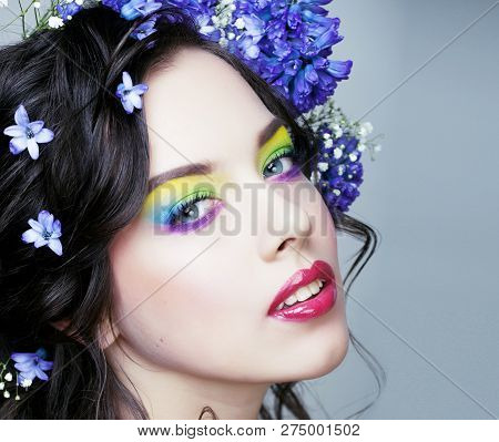 Beauty Young Woman With Flowers And Make Up Close Up, Real Sprin