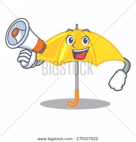 With Megaphone Yellow Umbrella Isolated On A Mascot