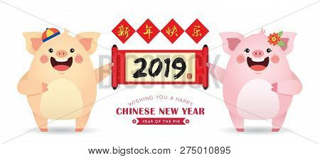 Cute Cartoon Pig Holding Chinese Scroll With Chinese Couplet Isolated On White Background. 2019 Chin