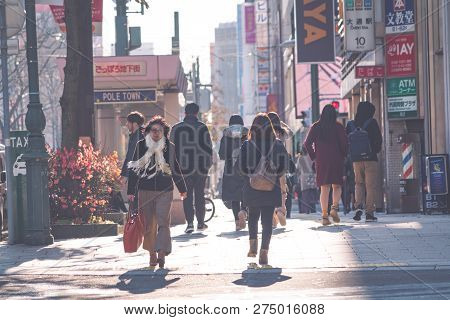 Sapporo Hokkaido, Japan - Nov 2018 : People Walking On Street In Rush Hour At Susukino District In T