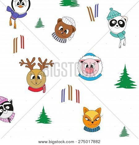 Cartoon Animals With Pig In Winter Clothes. Seamless Pattern.