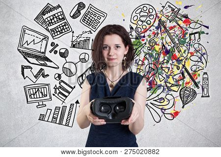 Young Woman With Vr Headset Standing Against A Wall With Arts And Science Sketch