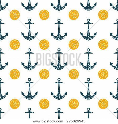 Seamless Ocean Background With Anchor And Shells. Summer Vector Design. For Pattern Fills, Wallpaper