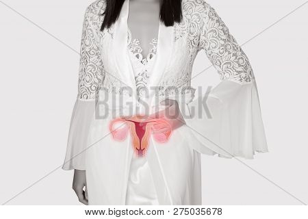 Woman In White Silk Nightgown And Lace Robe With Uterus Pain At Night. People Having Belly Ache. Ill