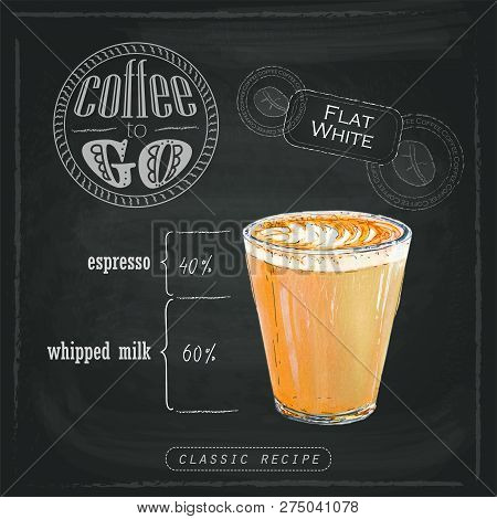 Illustration Of Sweet Flat White With Coffee With Delicious Foam In A Transparent Glass. Proportions
